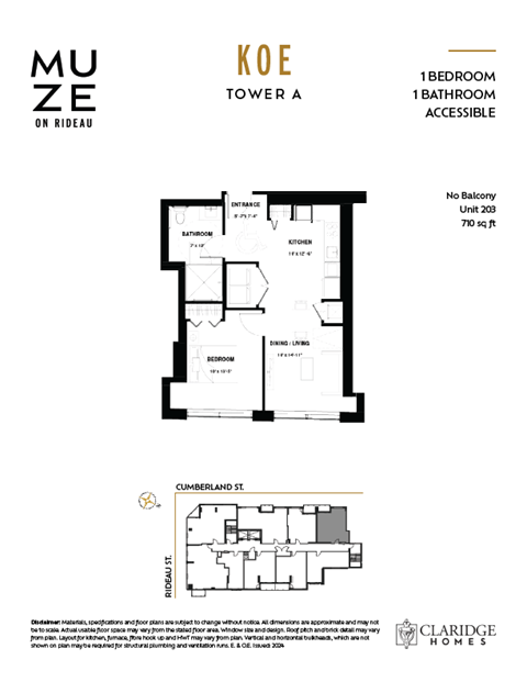 Floor plan for 1 bed, 1 bath, 710 sqft
